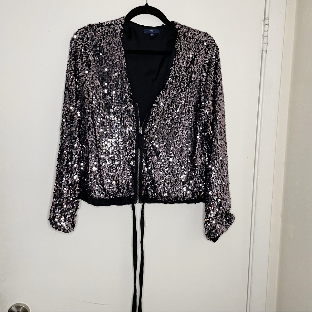 Gap women’s long sleeve bomber Sequin full zip Jacket M silver shiny